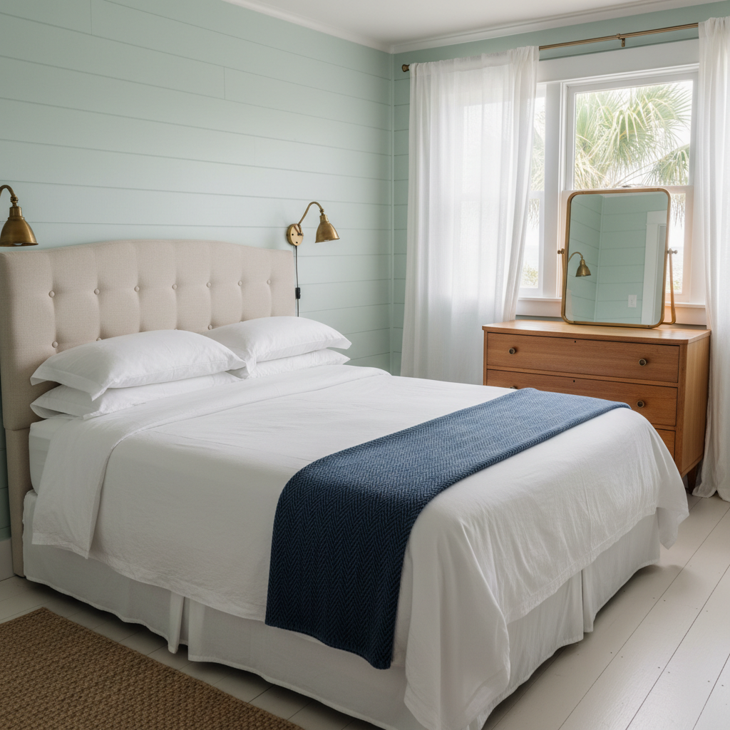 A serene primary bedroom in a mid-century Edisto Beach cottage, centered on a queen bed with a tufted linen headboard, crisp white bedding, and a neatly folded navy herringbone throw at the foot. Vintage brass sconces flank the bed, mounted on smooth, painted shiplap walls in a soft sea-glass hue. A refurbished 1950s dresser with subtle wood grain sits beneath a simple framed mirror, reflecting a glimpse of leafy palms outside the window. Gentle morning light filters through gauzy curtains, creating a tranquil, diffused glow. Captured at eye level with the bed placed on the rule of thirds, the composition feels peaceful, airy, and sophisticated, using photographic realism to suggest a restful night’s stay one block from the beach.