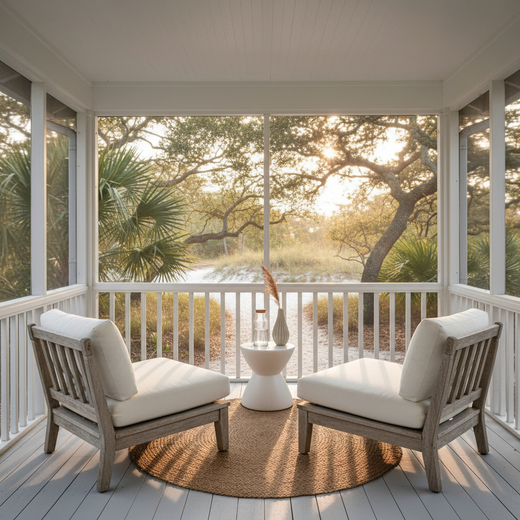A sophisticated screened back porch at The Blue Anchor, styled as a quiet retreat. A pair of low-slung teak lounge chairs with ivory cushions face a simple woven jute rug, while a small ceramic side table holds a glass carafe of water and a single coastal grass stem in a slim vase. The original 1950s porch framing and screen panels are freshly painted in soft white, with glimpses of palmettos, live oaks, and a sandy lane just beyond, hinting the beach is only a block away. Warm golden-hour light filters through the trees, casting intricate leaf shadows across the floor. Captured from a low angle with a gentle leading line toward the trees, the photographic realism and calm, uncluttered composition create an atmosphere of understated luxury and relaxation.