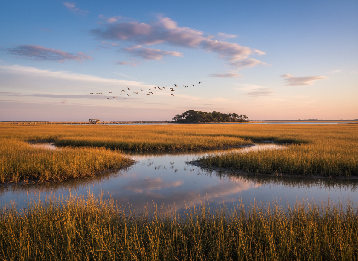 Edisto Island marsh landscape, South Carolina. Sweeping tidal marsh with golden spartina grass, blue sky reflected in still water, a wooden dock in the distance, pelicans flying overhead, serene Lowcountry coastal scenery.